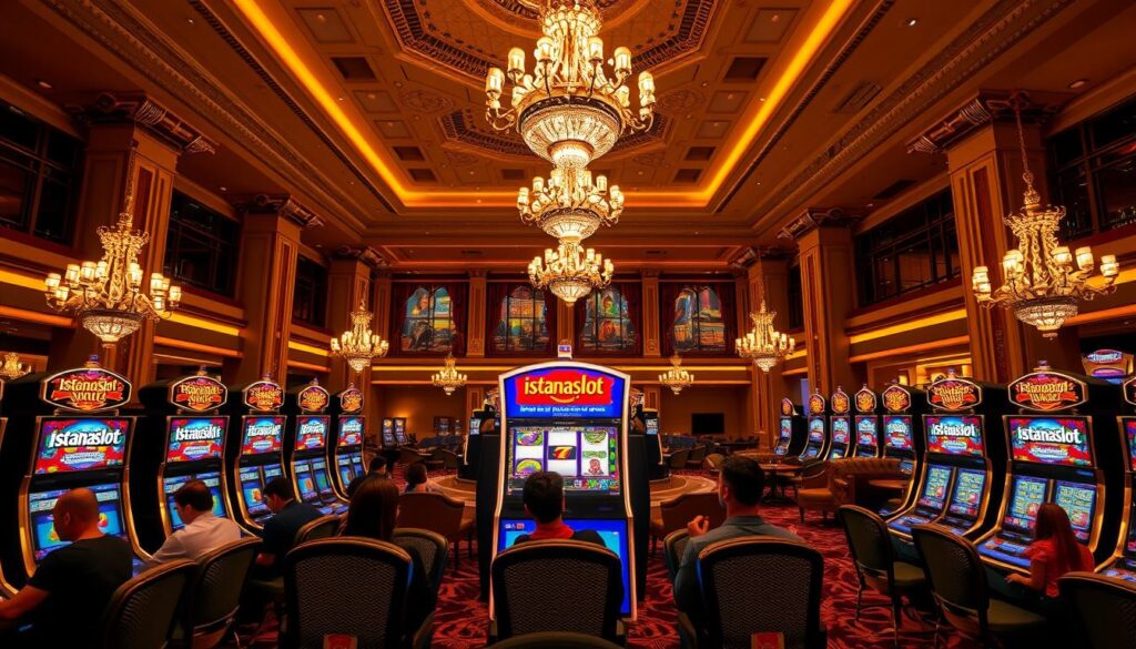 A majestic casino interior with high ceilings, ornate chandeliers, and rows of gleaming slot machines. The lighting is warm and soft, casting a golden glow over the scene. In the foreground, a group of players sit intently at the "istanaslot" branded gaming stations, their faces alight with focus and anticipation. The middle ground features a large, central slot machine, its reels spinning with a sense of hypnotic rhythm. In the background, a lavish lounge area with plush chairs and tables, hinting at the luxury and excitement that permeates the entire establishment. The overall atmosphere conveys the thrill and potential of the 2023 slot gaming landscape.