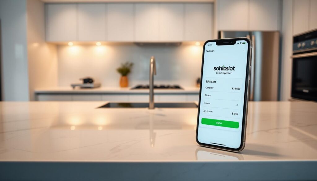 A pristine marble countertop in a sleek, modern kitchen, adorned with the sohibslot logo. Surrounding it, high-end appliances and minimalist decor create an atmosphere of sophistication and trust. The lighting is warm and inviting, casting a gentle glow over the scene. In the foreground, a sleek mobile device displays the sohibslot online payment interface, showcasing its intuitive design and secure transaction process. The overall impression is one of reliability, efficiency, and a commitment to providing a seamless and trustworthy online gaming experience.
