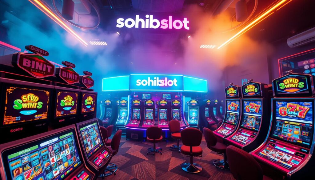 A vibrant and captivating slot game arena, with the sohibslot brand prominently displayed. In the foreground, a group of dynamic slot machines beckons players, their reels spinning with a sense of anticipation. The middle ground features a sleek and modern gaming interface, complete with colorful icons and animations. In the background, a hazy, neon-lit atmosphere sets the tone, creating a sense of excitement and energy. The lighting is dramatic, with warm hues and shimmering effects, evoking the thrill of online gaming. The entire scene is captured with a wide-angle lens, emphasizing the immersive and engaging nature of the volatilitas slot experience.